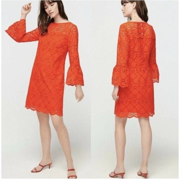 J. Crew Embroidered Eyelet Long Bell Sleeves Sheath Mini Dress Lined 16 Red - Picture 12 of 15